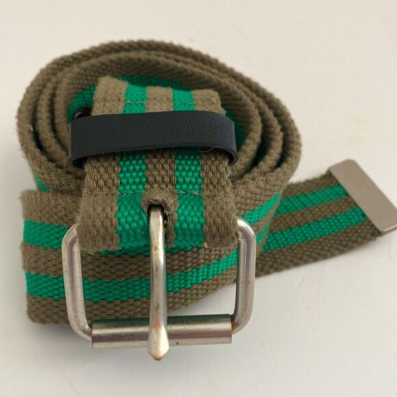 Vintage Green and Brown Heavy Canvas Belt sz W 34-38” Rugby Shirt Stripe Preppy - Picture 1 of 3